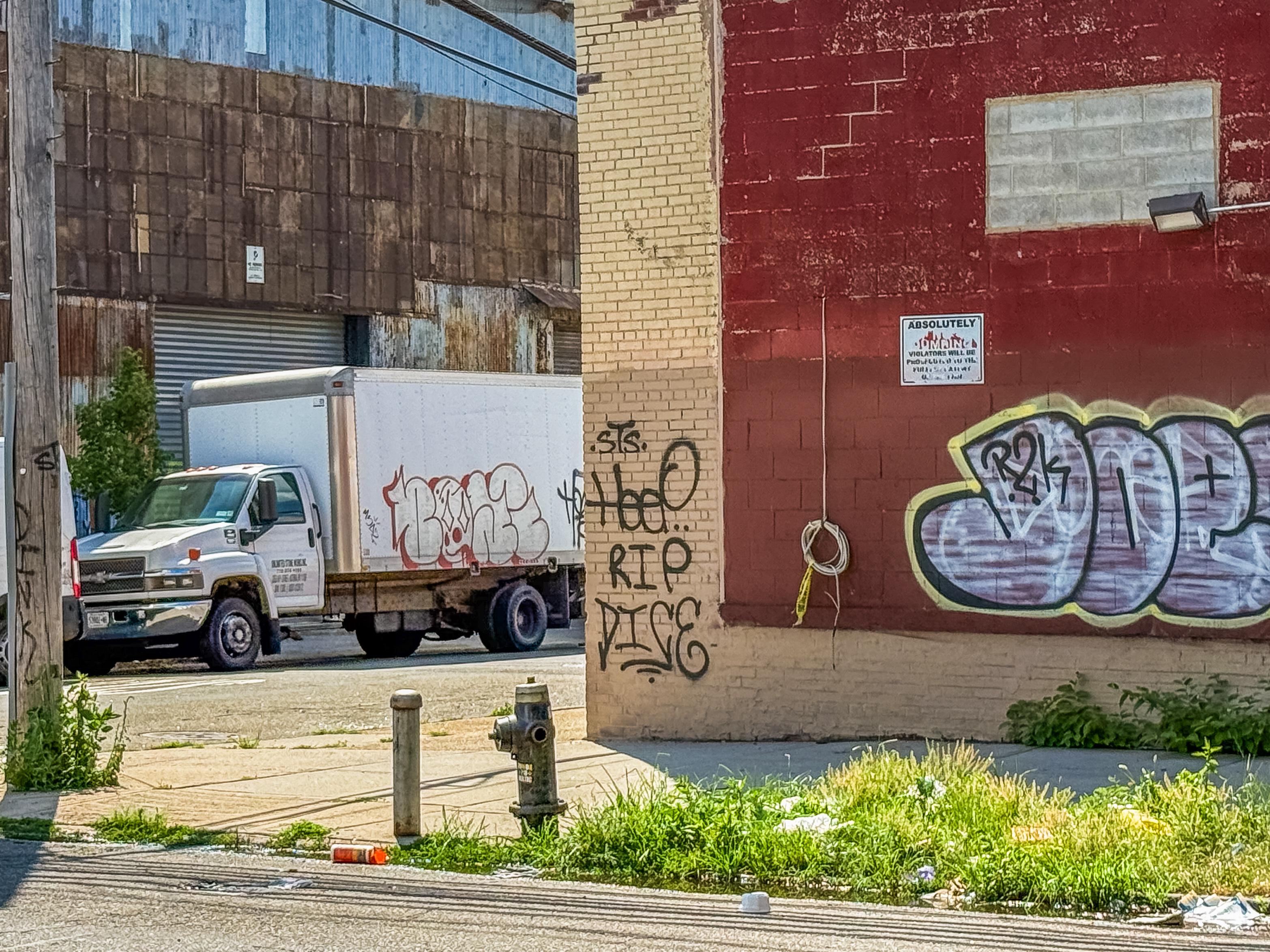 A street corner in Astoria. A fire hydrant some weeds are in the foreground. An industrial brick wall is covered in some graffiti. In the background is a box truck also covered in graffiti.