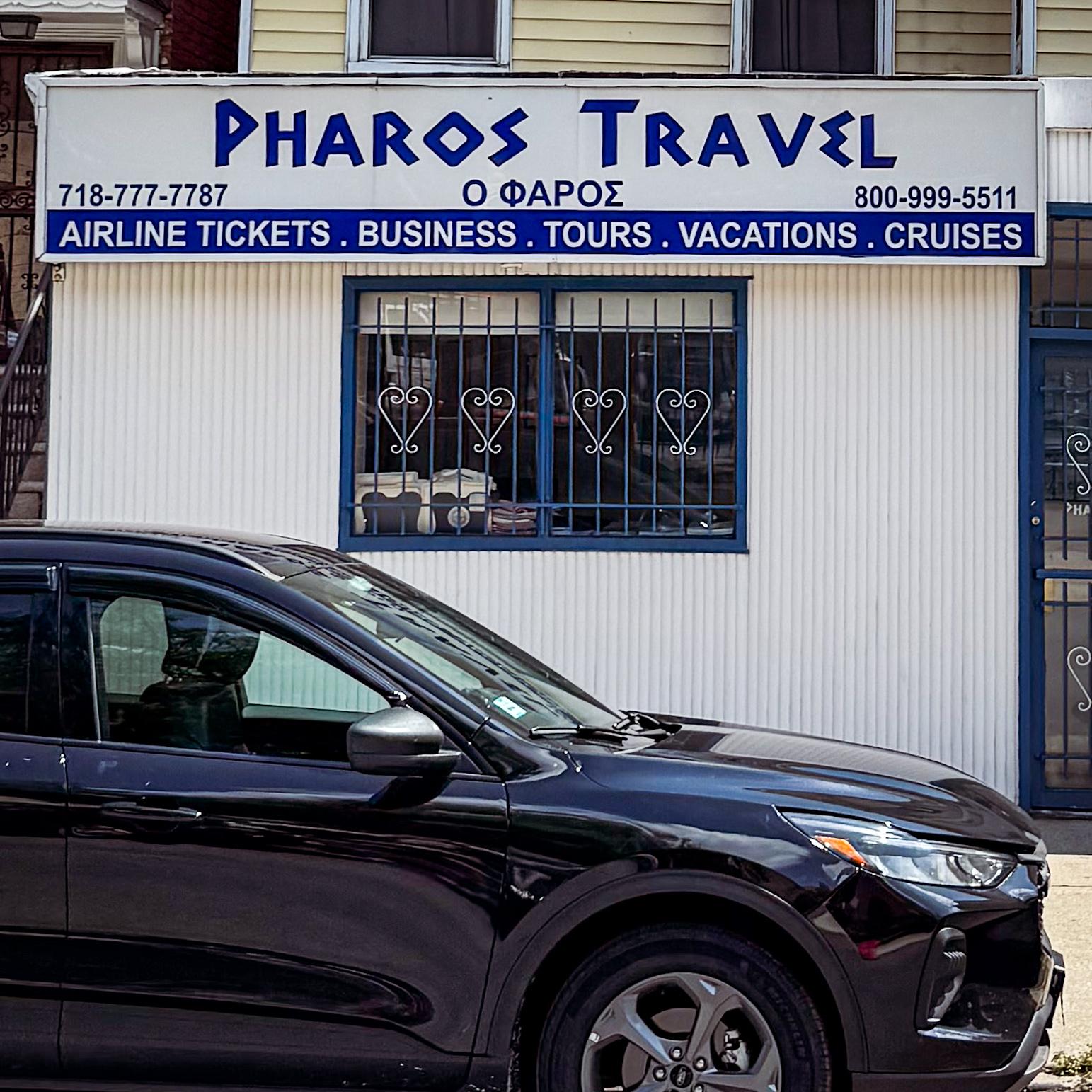 A travel agency storefront named "Pharos Travel" features signage in blue and white, advertising services like airline tickets, business tours, vacations, and cruises. In smaller letters underneath is the business name in Greek. A black car is parked in front of the building.