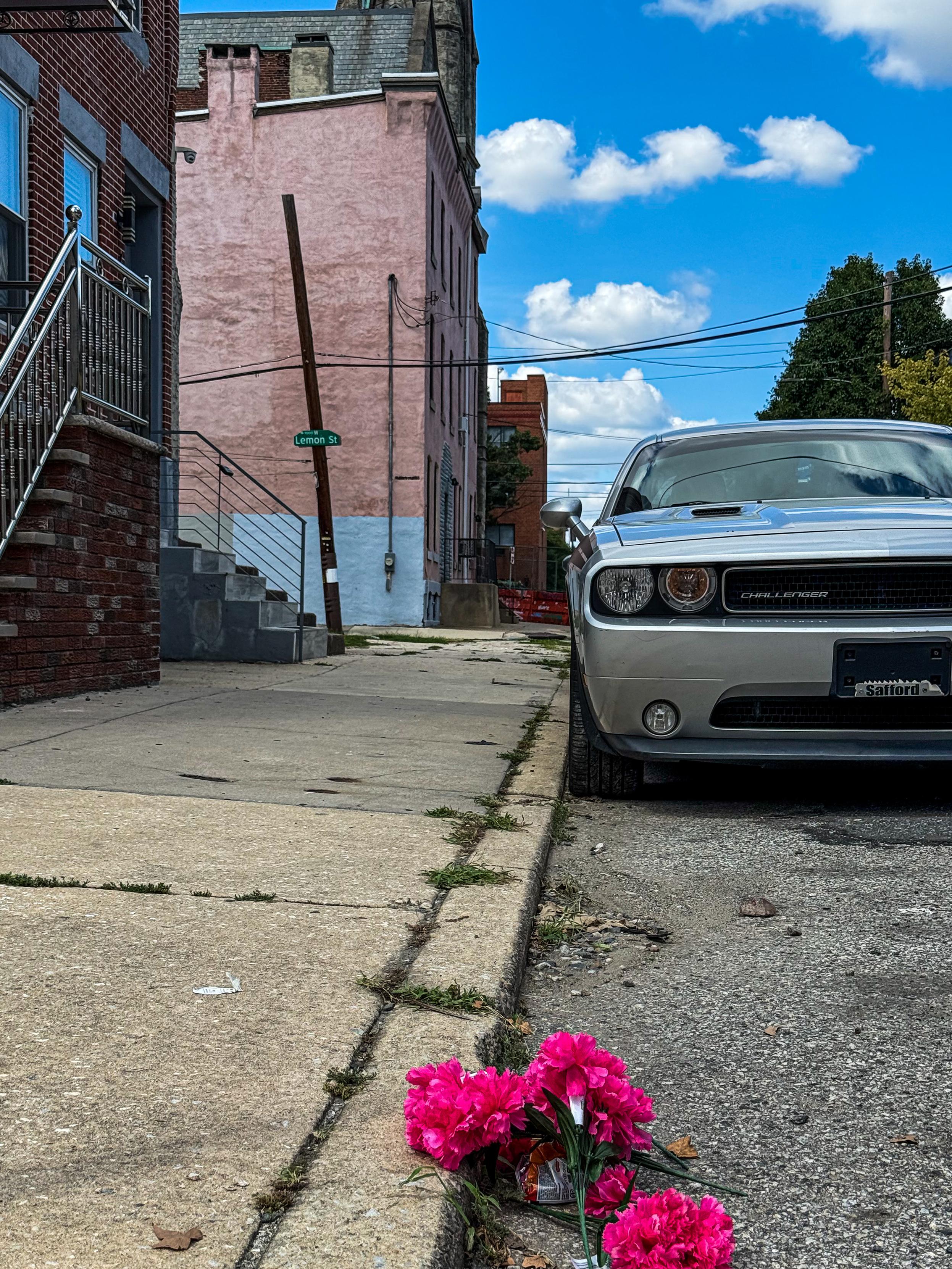 A silver car is parked beside a sidewalk with artificial pink flowers laid on the ground. The background features buildings, including a pink structure and a street sign for Lemon St, under a blue sky with scattered clouds.