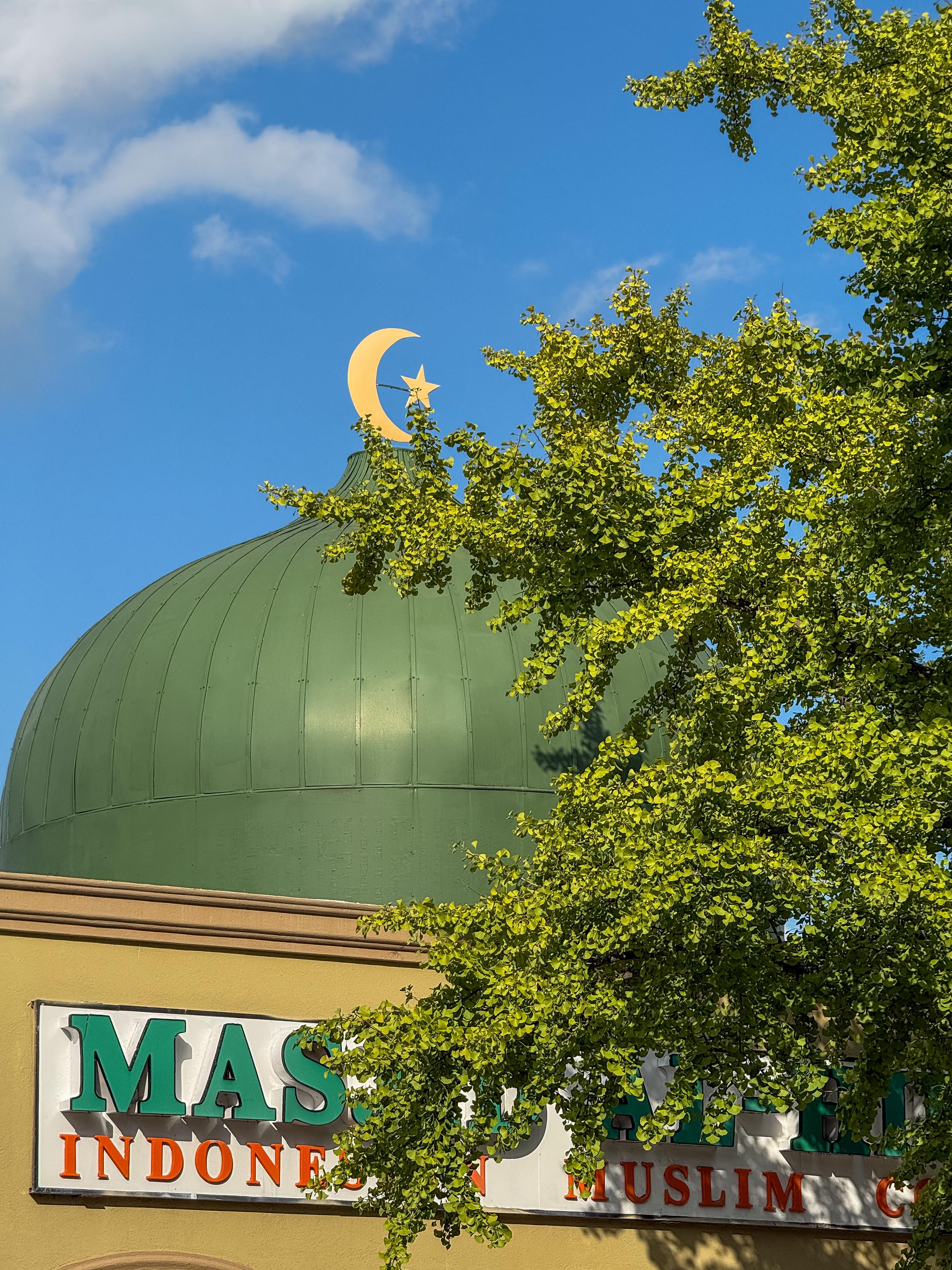 A green dome topped with a yellow crescent moon and star is visible against a blue sky, partially obscured by leafy branches. Below the dome, a sign that reads "MASJID" in green and orange letters indicates it is a mosque.